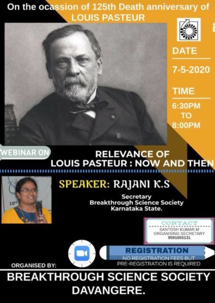 BSS Davangere chapter organised webinar on Relevance of Louis Pasteur : Now and Then