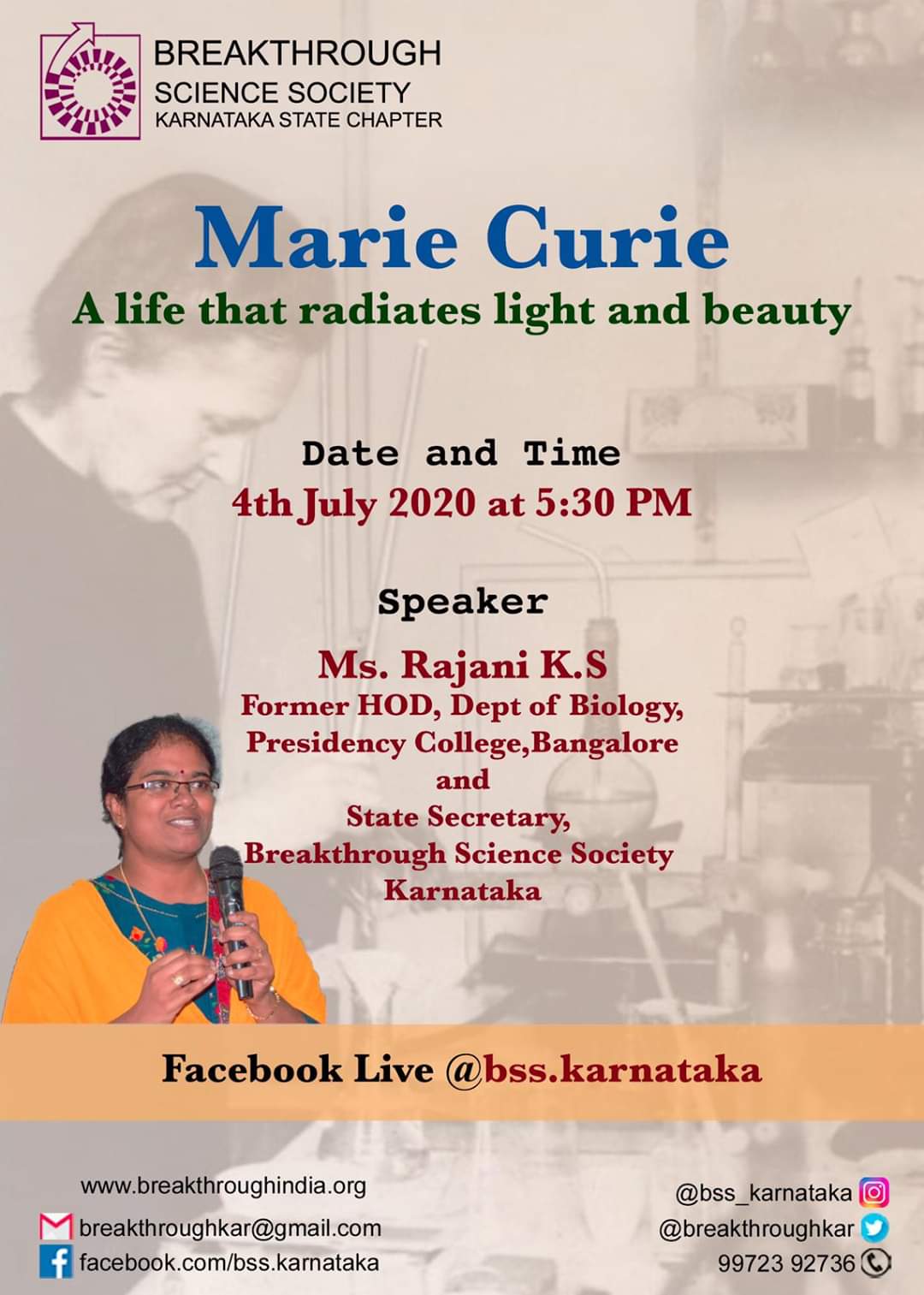 Webinar: ‘Marie Curie-Life that radiates Light and Beauty’ organised by BSS Karnataka chapter
